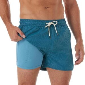 Mens Short Swim Trunks with Compression Liner Retro Vintage Swim Board Shorts